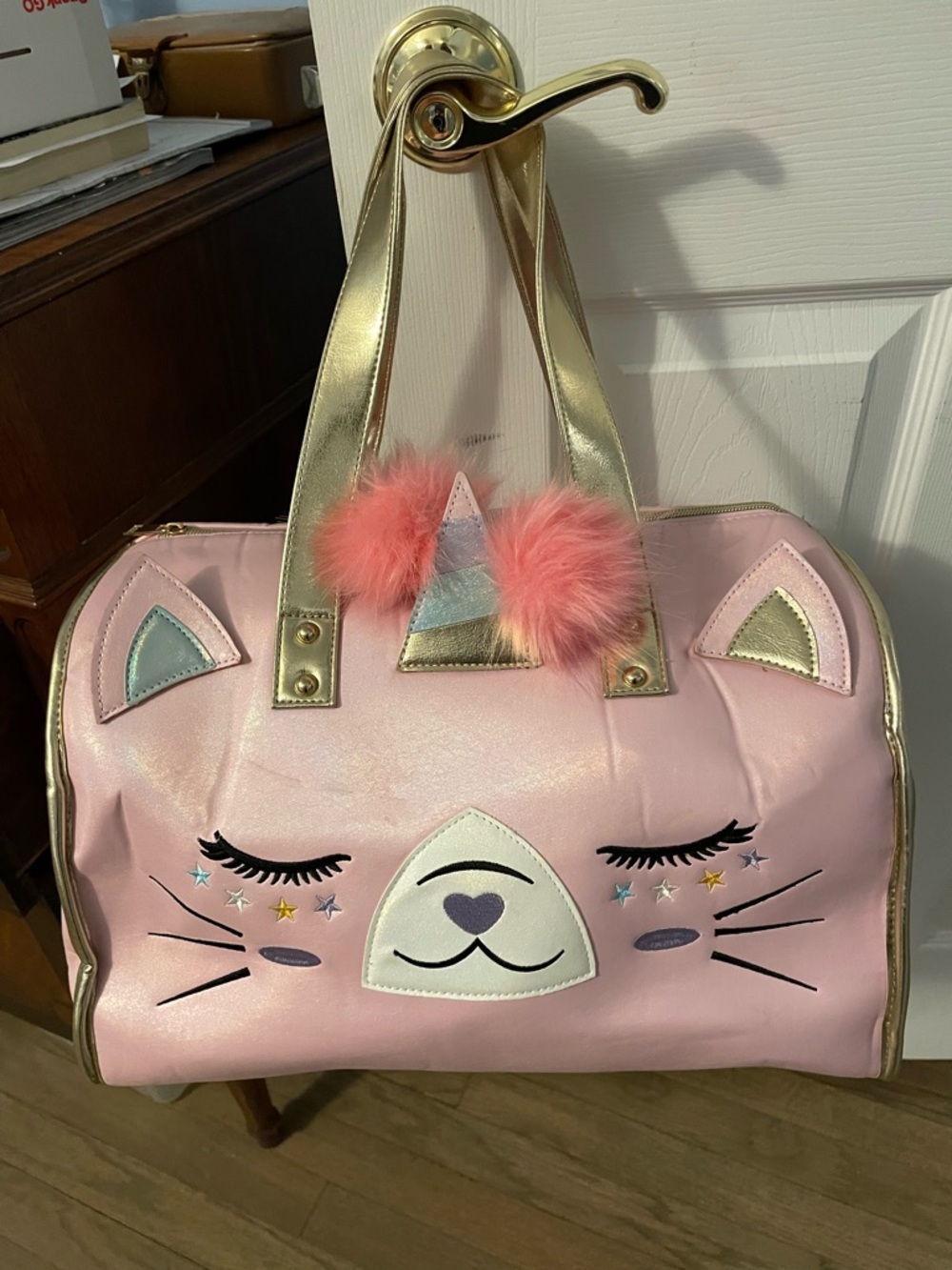 Pink Unicorn Cat Duffle Bag with Gold Handles